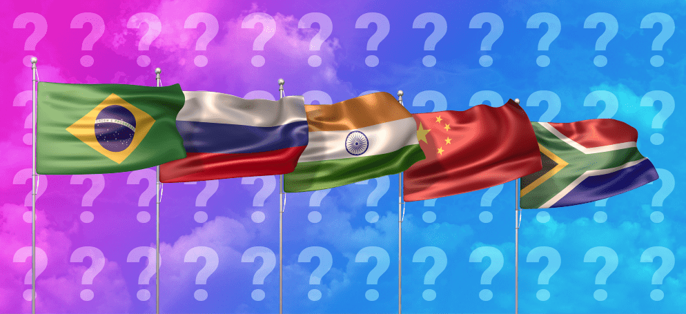 An image showing the flags of Brazil, Russia, India, China and South Africa.