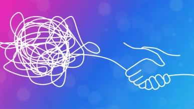 Illustration showing a line untangling into an outline of a handshake