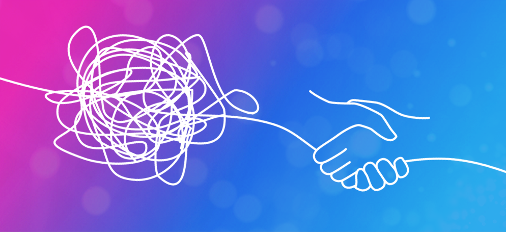 Illustration showing a line untangling into an outline of a handshake