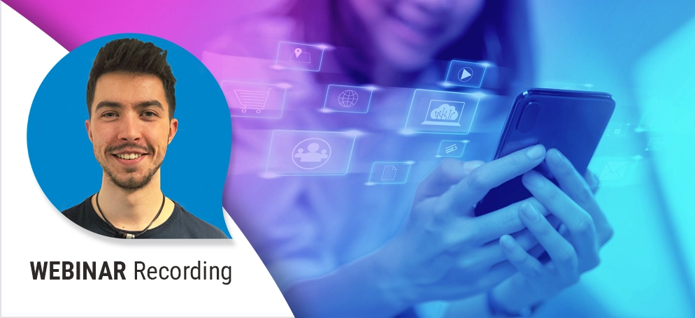 A graphic of a woman browsing the internet on her phone with SEO related icons around her. A portrait photo of Charlie Thornton, our Deputy Head of SEO.