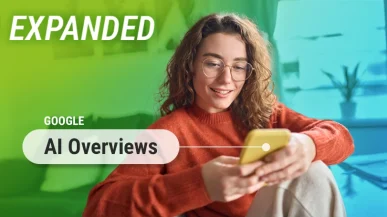 A young woman sitting in a living room, scrolling on her phone. There is a speech bubble coming from her phone that says 'Google AI Overviews'.