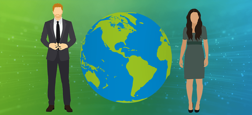 An image showing illustrations of Harry and Meghan with a globe in the middle