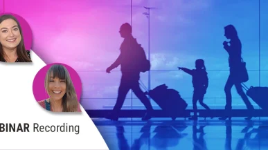 Headshots of two women overlapping the silhouette of a family at an airport