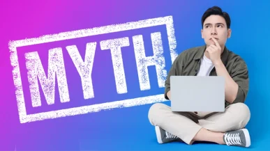 A man on a laptop with the word 'Myth' in the background