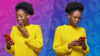 A woman laughing at her phone alongside a woman looking confusedly at her phone