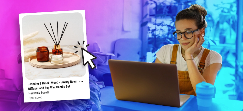 A woman using a laptop with a Pinterest ad mockup