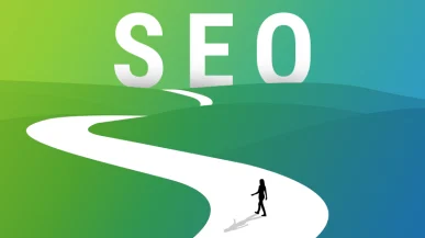 A woman walking on a path towards the word SEO