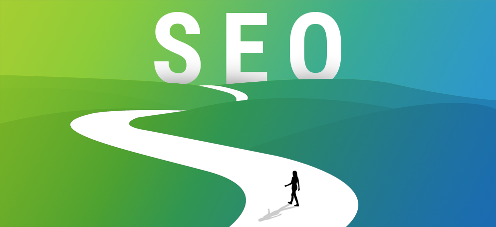 A woman walking on a path towards the word SEO