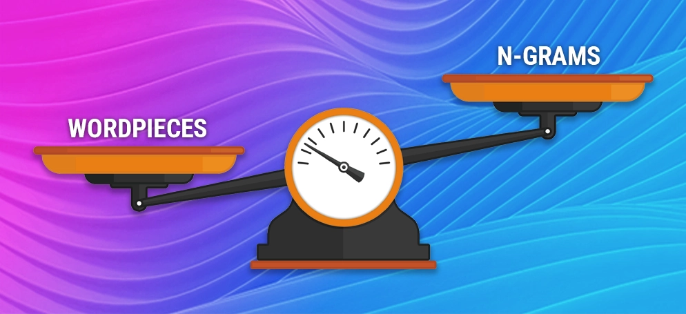 A set of weighing scales that represent TW-BERT, weighing up wordpieces vs n-grams