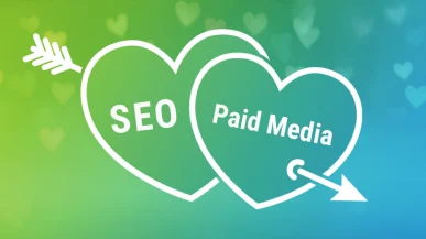 Two linked hearts with SEO and Paid Media written inside them