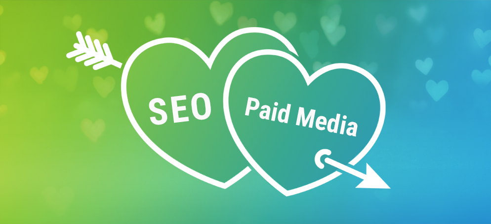 Two linked hearts with SEO and Paid Media written inside them