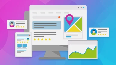 Graphic of local business reviews on a computer