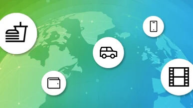 A graphic of the world with bubbles overlayed featuring icons representing food delivery, finance, taxi, phone and streaming apps.