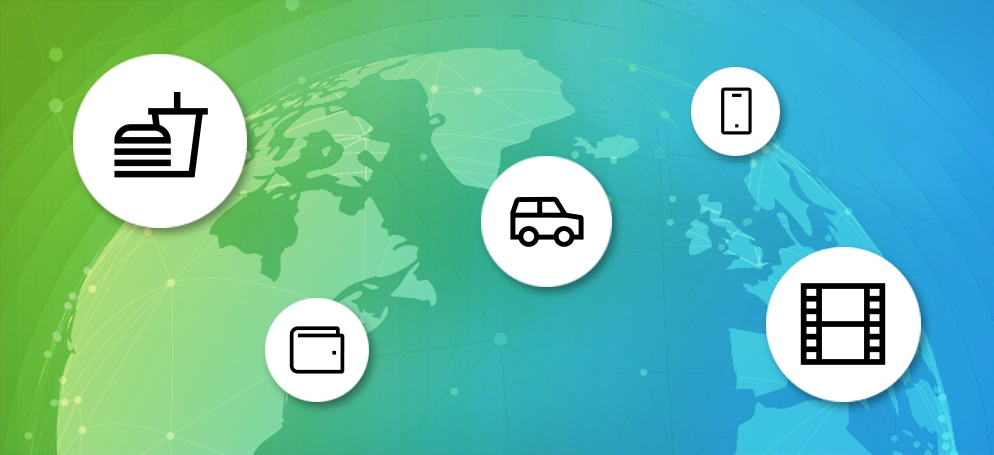 A graphic of the world with bubbles overlayed featuring icons representing food delivery, finance, taxi, phone and streaming apps.