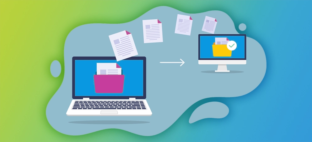 An illustration of files being transferred from one website to another