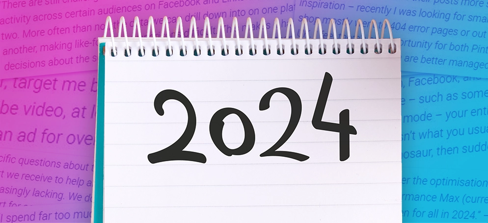A collage of the Oban team's wishes for 2024, with a notepad over the top displaying a handwritten '2024'.
