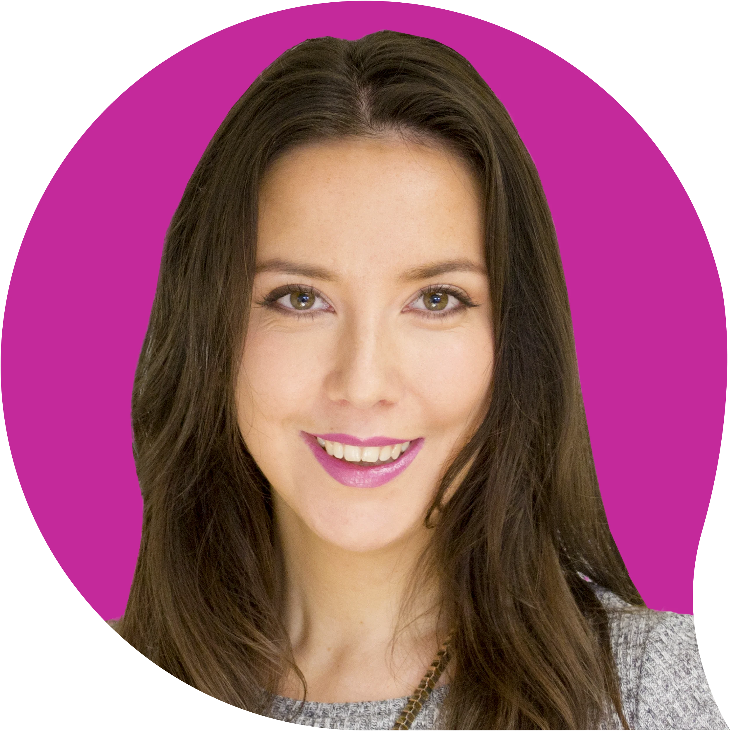 woman in speech bubble smiling at camera