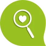 magnifying glass on a heart inside speech bubble