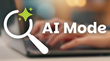 AI Mode logo over a photo of a woman typing