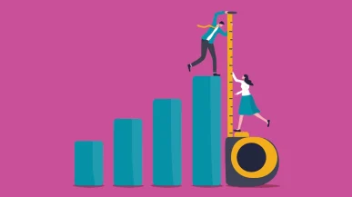 An illustration of two people measuring a graph with a measuring tape