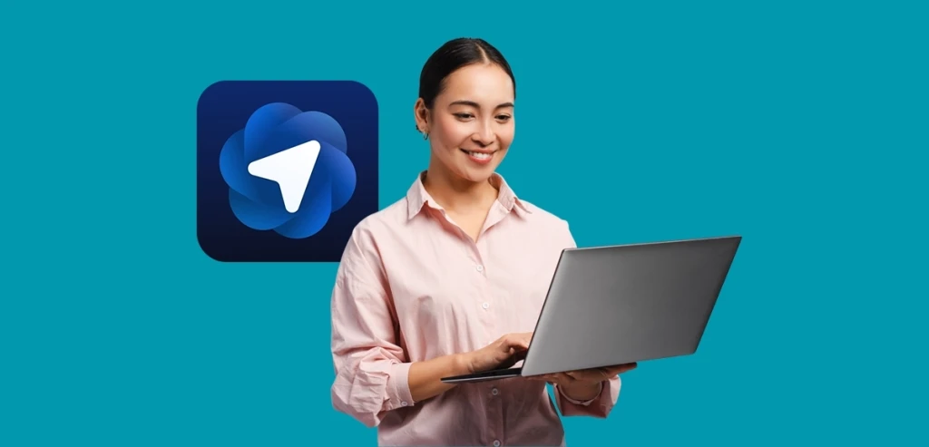 A woman typing on a laptop with the Atlas logo in the background